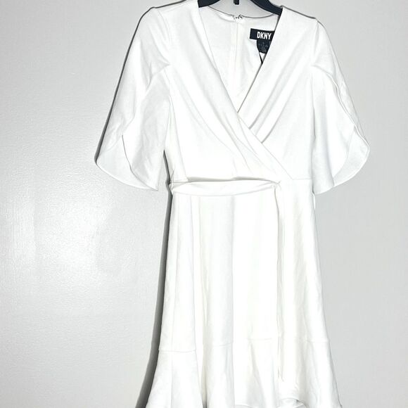 DKNY Womens Tulip-Sleeve V-Neck Dress Ivory Office Wear to Work Dress M - Picture 14 of 16